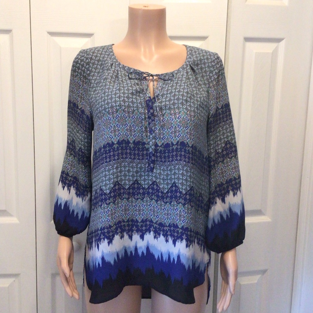 Zac & Rachel Womens Blue Multi-print 3/4 Sleeve Peasant Hi-Low Top Size Large